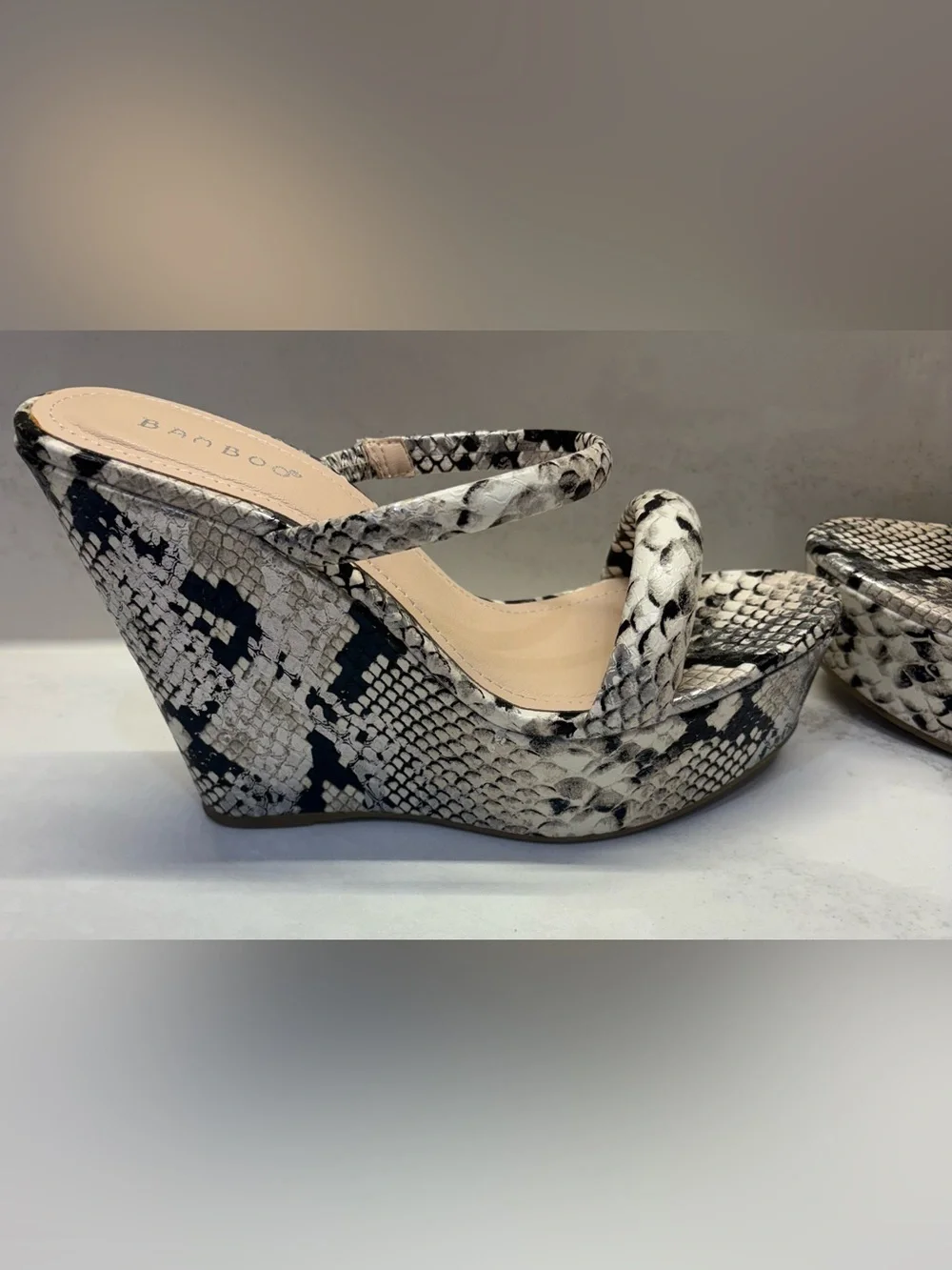 BAMBOO Snake-Print Platform Sandals in Black & White